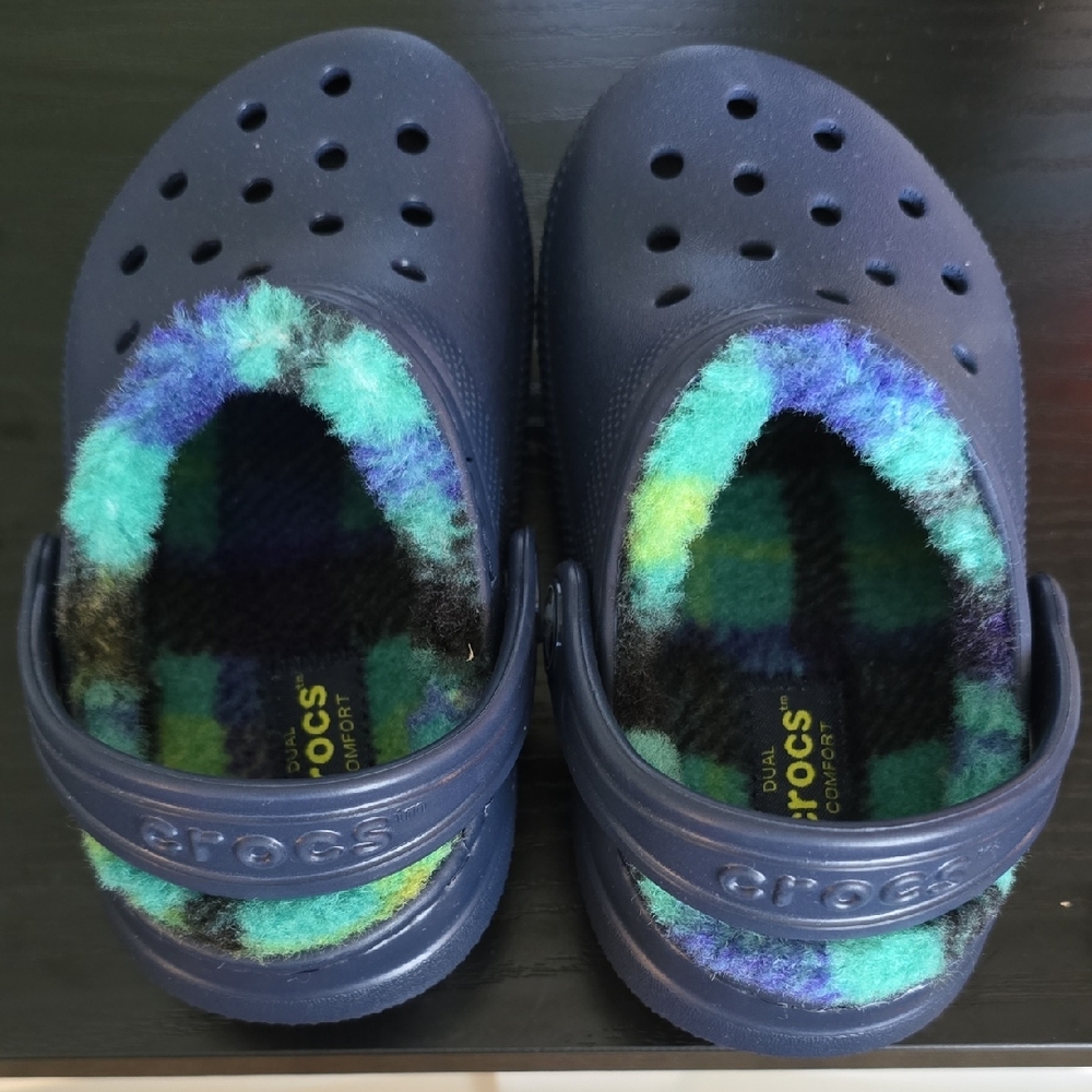 CROCS Kids Navy Clog with Green & Blue Plaid Lining